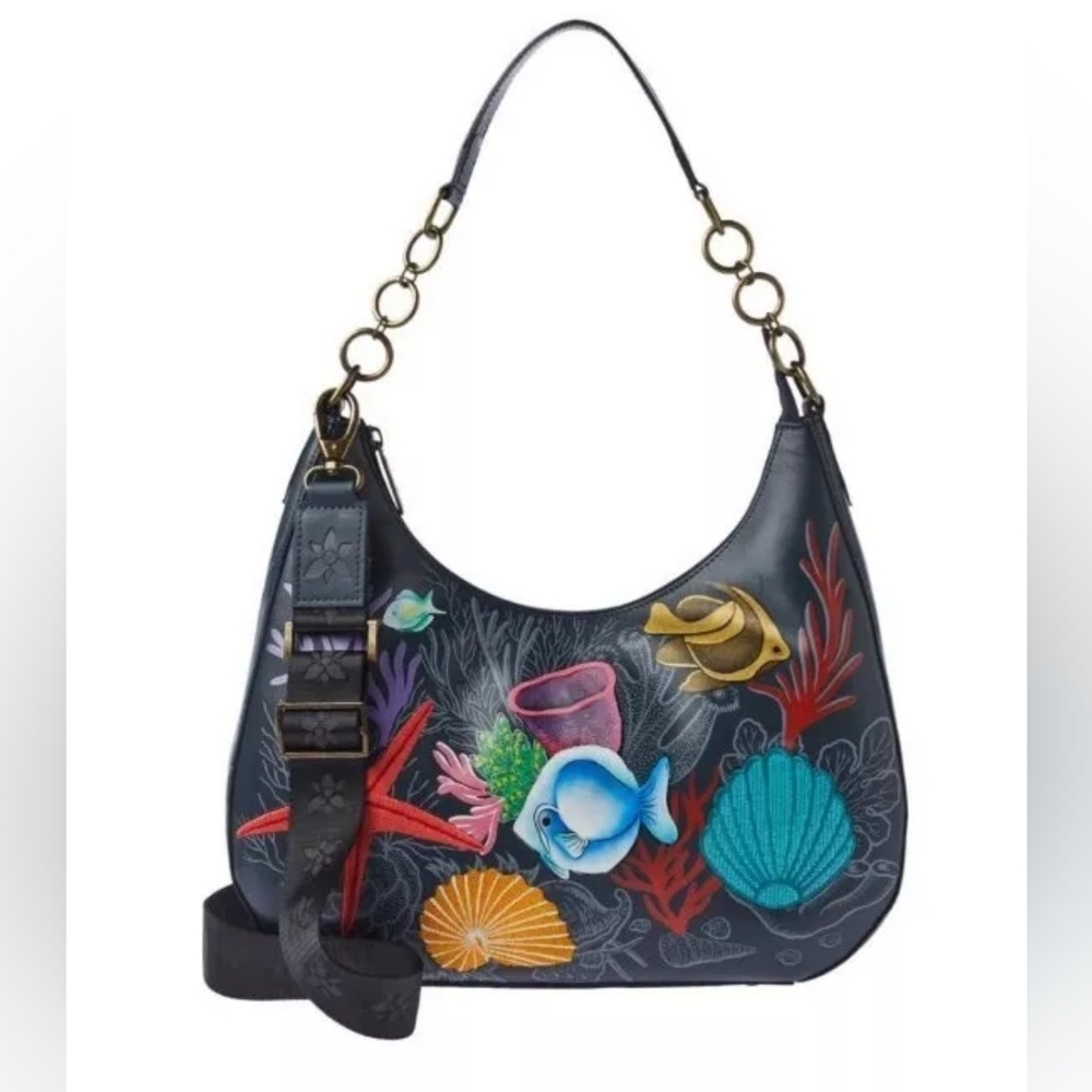 NWOT Anuschka Ocean Magic Handpainted Embroidered Leather Hobo Bag